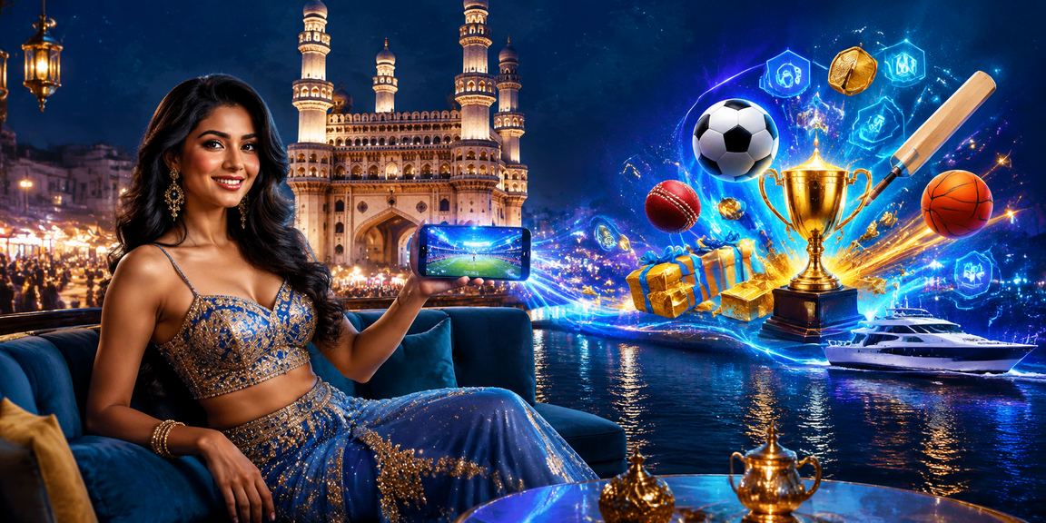 Hyderabad locals engaging in sports betting with Charminar background
